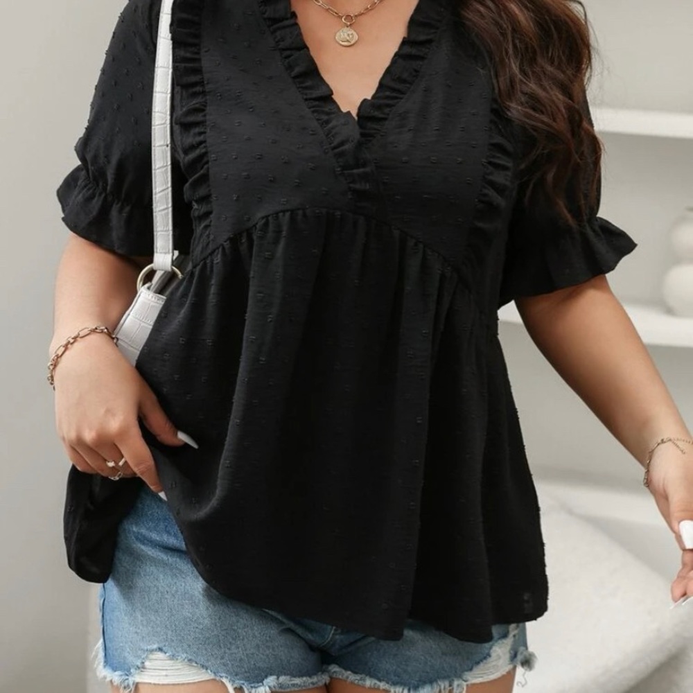 Black Swiss Dot Frill Trim Flounce Peplum Blouse